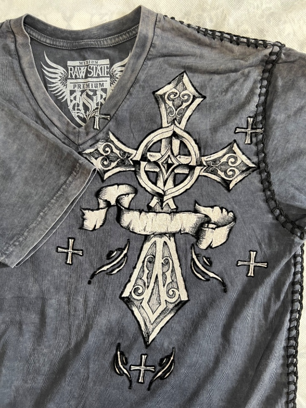 Raw State Shirt Sz M Gray Cross Angel Wings Royalty Stitch Premium Y2K Goth VTG